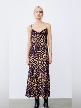 Zara Satin Effect Animal Print Slip Midi Dress in Leopard Tan Purple Sz XXL